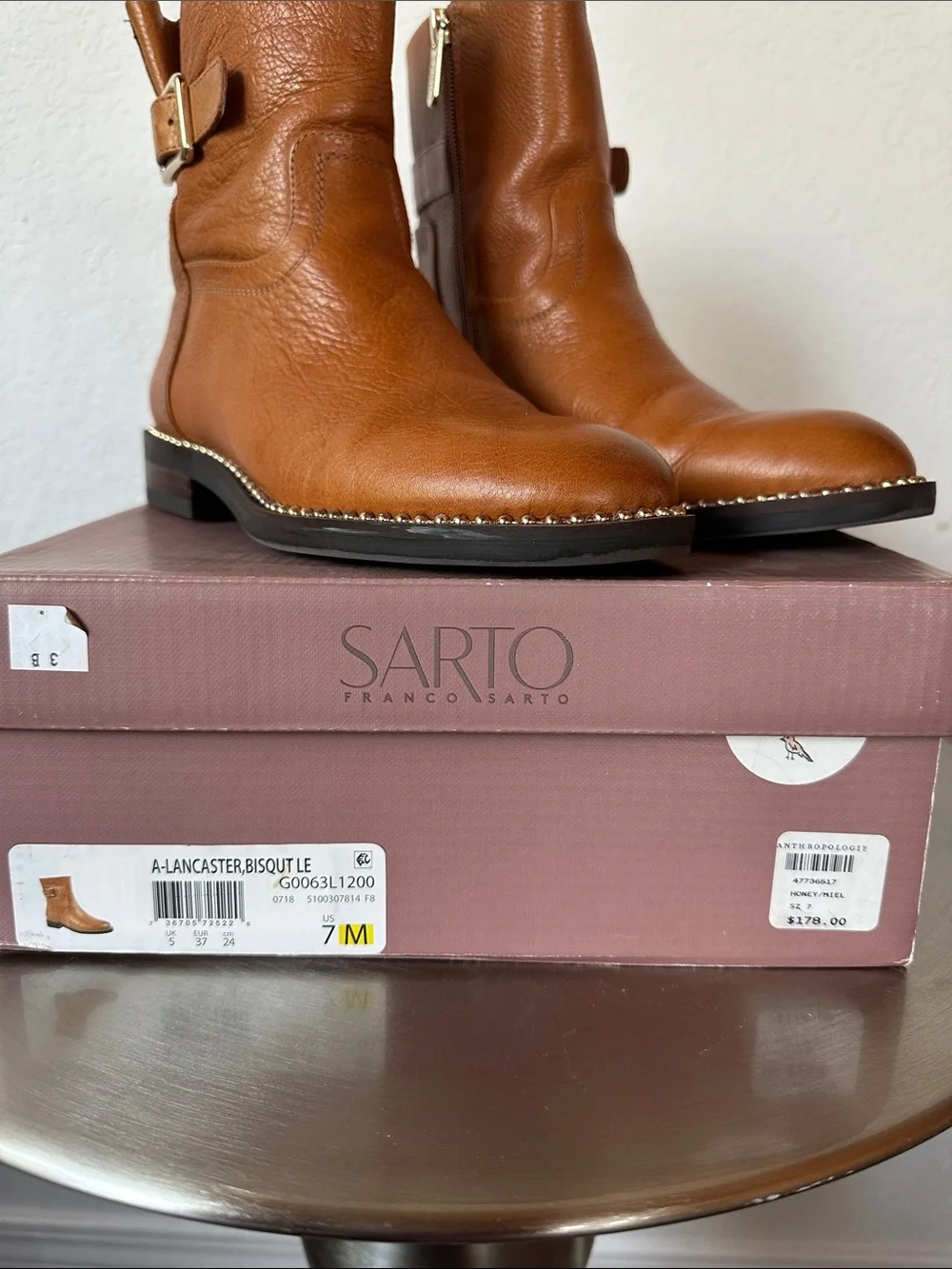 Franco Sarto Cognac Leather Ankle Boots with Buckle